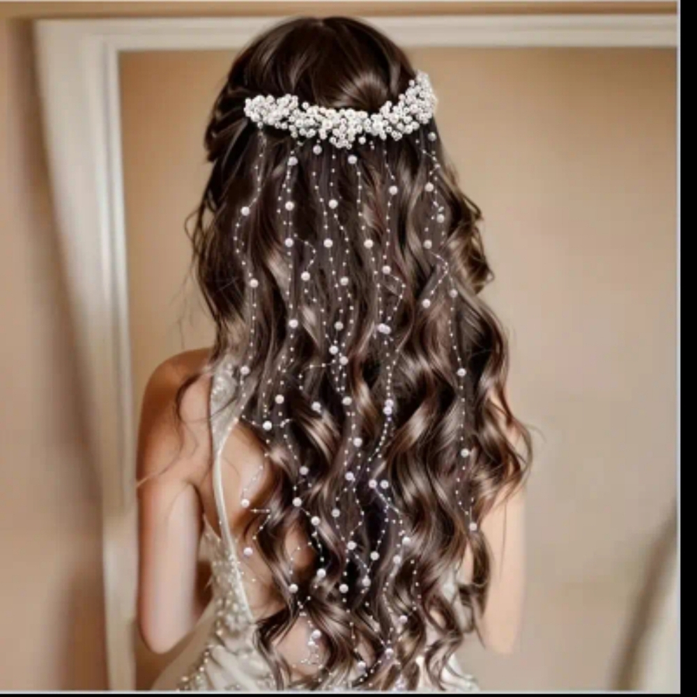 NWT Bridal Pearl Tassel Hair Chain - Wedding Headpiece Vine - White